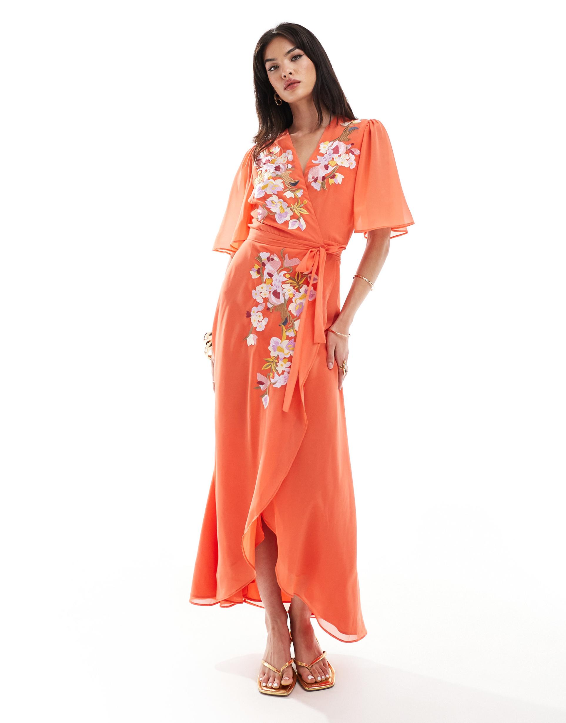 hope & ivy premium wrap front embroidered maxi dress in rust