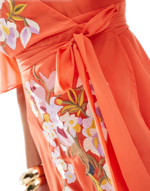 Hope & Ivy premium wrap front embroidered maxi dress in rust | ASOS