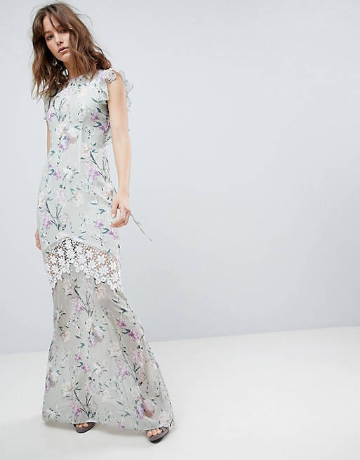 Hope & Ivy Printed Crochet Insert Maxi Dress With Open Back Ruffle Detail