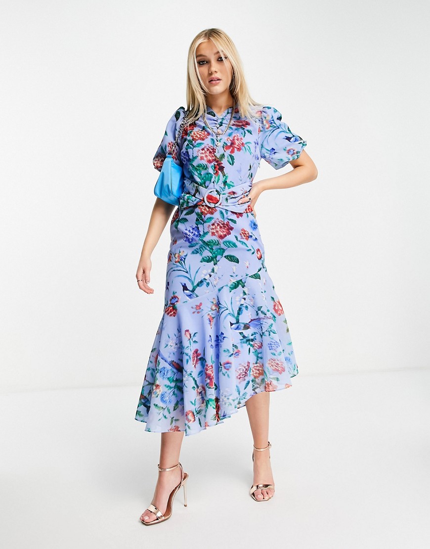 Hope & Ivy puff sleeve asymmetric belted midi dress with poppy print in bright blue