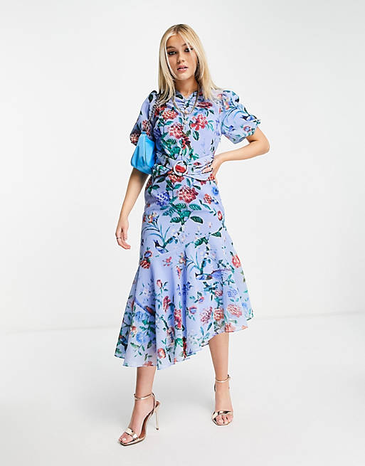 Women Hope & Ivy puff sleeve asymmetric belted midi dress with poppy print in bright blue 