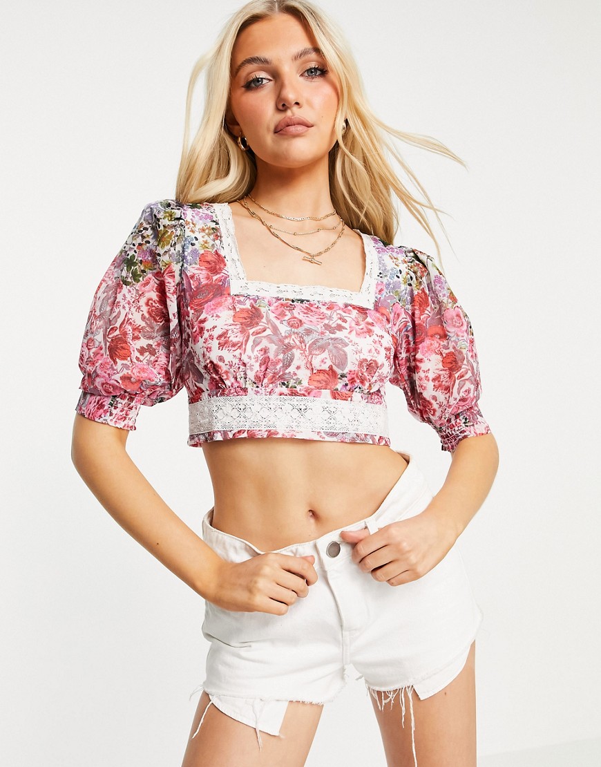 Hope & Ivy puff sleeve crop top co-ord with contrast lace and shirred back in floral-Multi