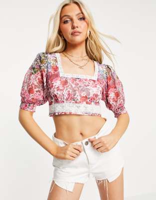 Hope & Ivy puff sleeve crop top set with contrast lace and shirred back in floral