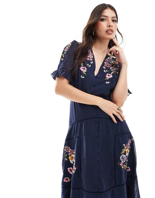 Hope & Ivy puff sleeve embroidered midi dress in navy