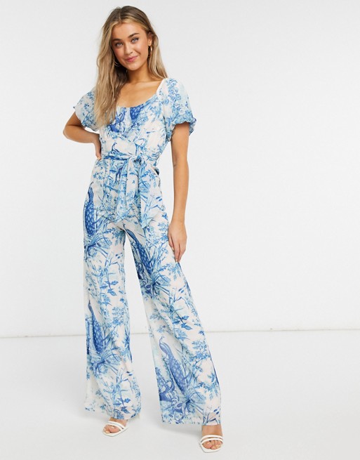 Hope & Ivy puff sleeve jumpsuit in blue and ivory print