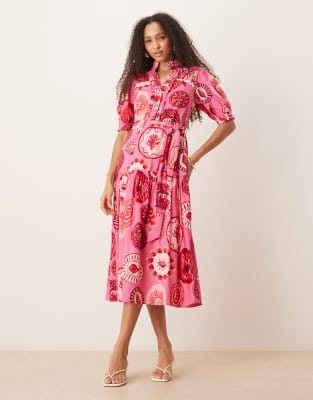puff sleeve midi shirt dress in pink beach print