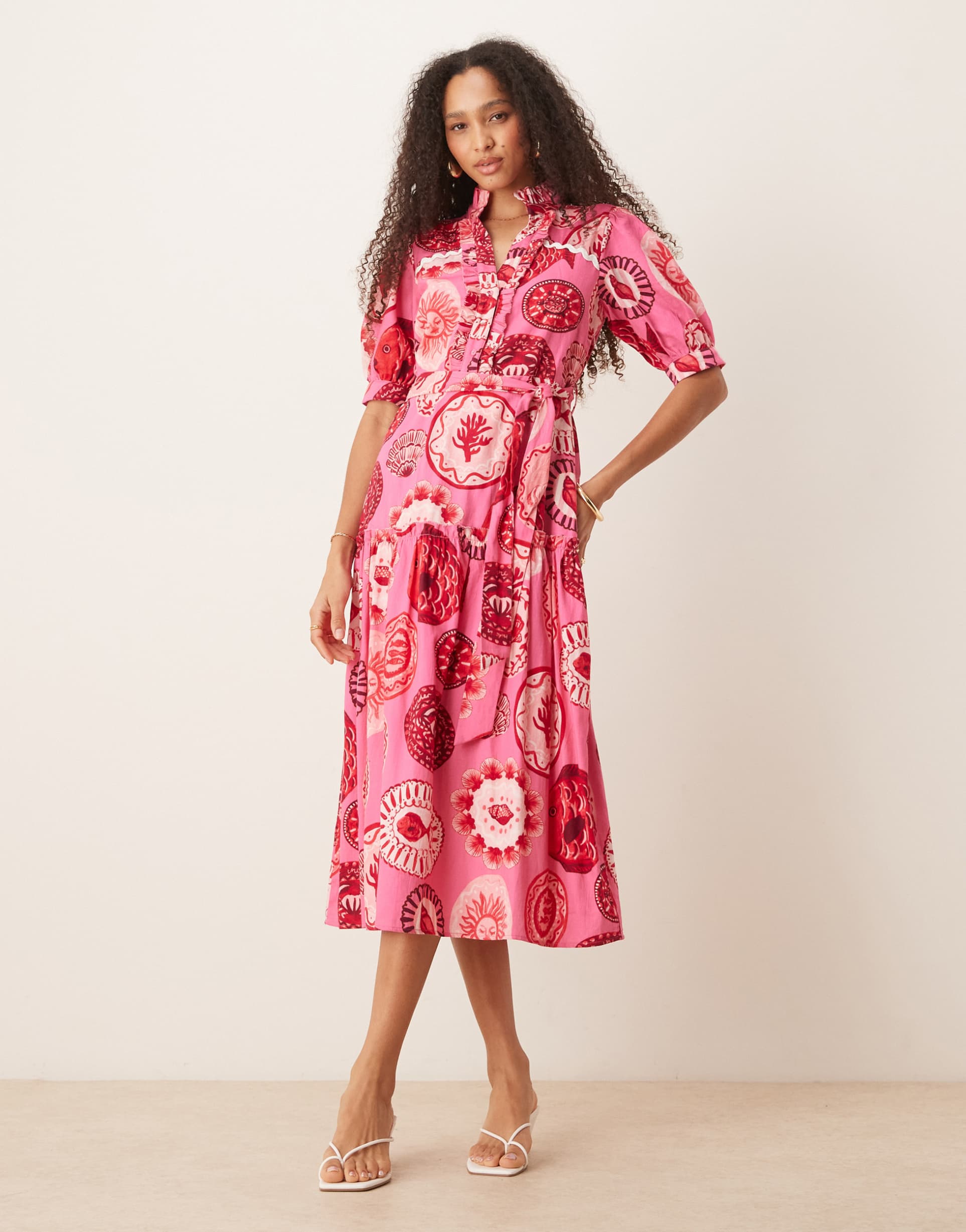 hope & ivy puff sleeve midi shirt dress in pink beach print