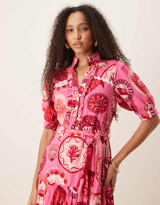 puff sleeve midi shirt dress Hope & Ivy puff sleeve midi shirt dress in pink beach print