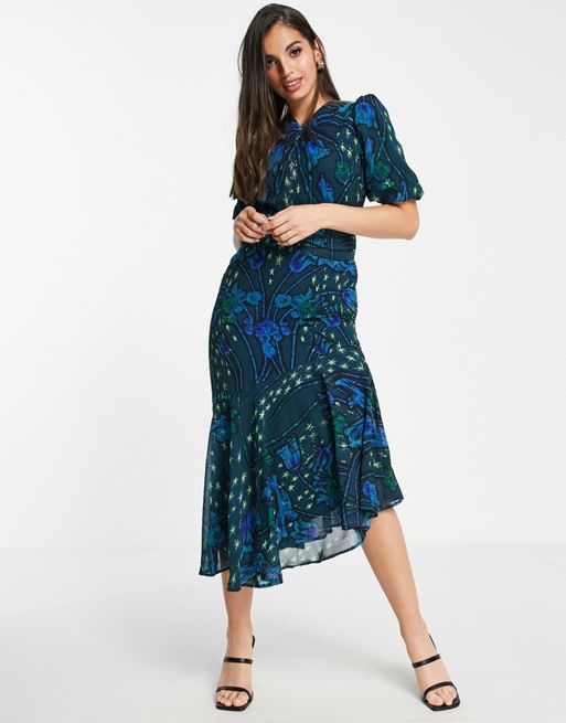 Hope & Ivy puff sleeve tea midi dress in cobalt star print | ASOS