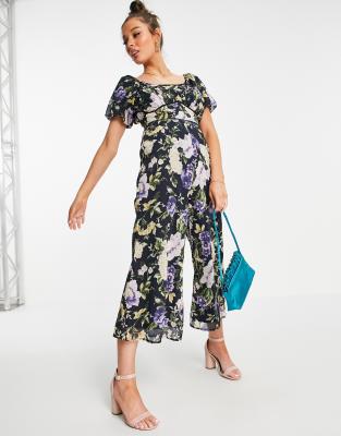 Hope & Ivy puff sleeve wide leg jumpsuit in navy floral | ASOS