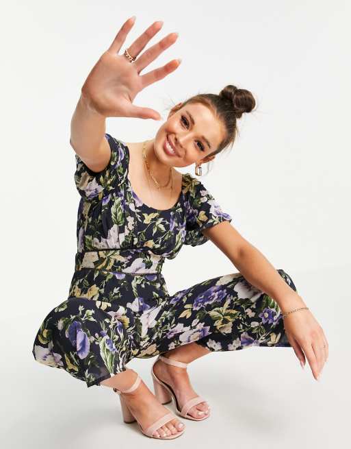 Hope & Ivy puff sleeve wide leg jumpsuit in navy floral, 4 of 4