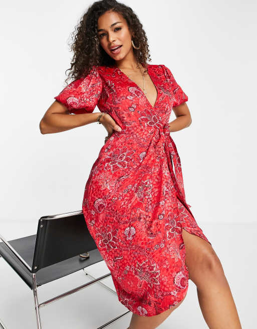 Hope Ivy puff sleeve wrap midi dress in red floral print