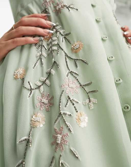 Hope & Ivy - Robe brodée mi-longue à manches évasées et décolleté plongeant - Sauge, 3 de 4