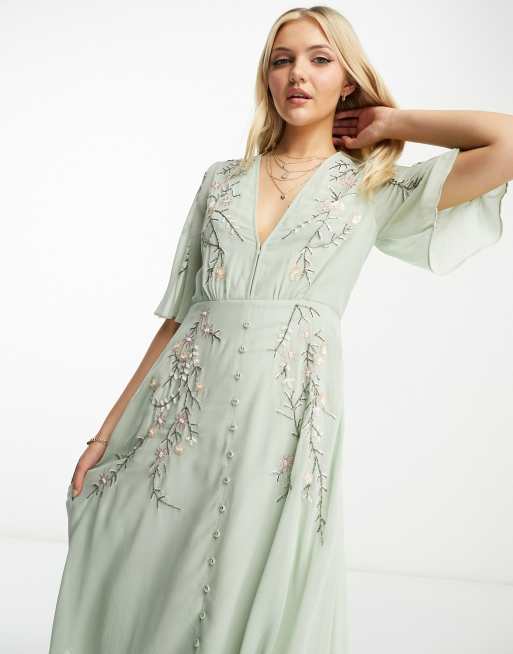 Hope & Ivy - Robe brodée mi-longue à manches évasées et décolleté plongeant - Sauge, 4 de 4