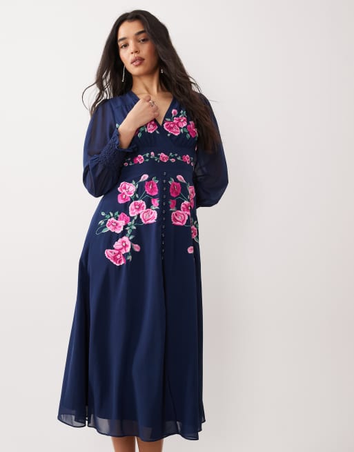 Hope & Ivy - Robe cache-cœur mi-longue avec buste brodé et boutons sur le devant - Bleu marine, 2 de 4