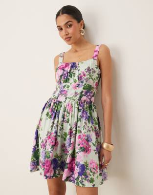 Hope & Ivy - Robe corset trapèze courte à bretelles - Fleurs multicolores-Violet