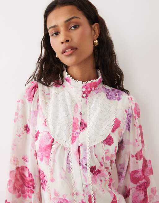 Hope & Ivy - Robe courte à fleurs en mousseline avec col montant, manches ballon et taille basse - Rose, 3 de 4