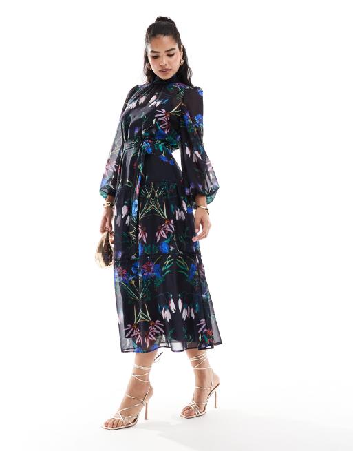 Hope & Ivy - Robe longue à fleurs avec col montant et liens noués à la taille - Bleu marine