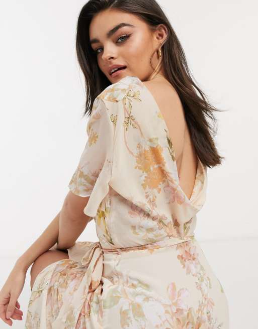 Hope & Ivy - Robe longue à fleurs drapée dans le dos pour demoiselle d'honneur - Pêche, 3 de 4