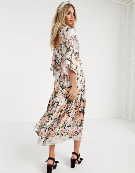 Hope & Ivy - Robe longue à petites fleurs avec manches kimono à volants, 2 de 4
