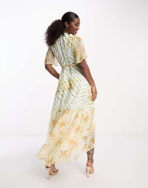 Hope & Ivy - Robe longue cache-cœur à manches évasées et imprimé floral contrastant - Vert, 2 de 4