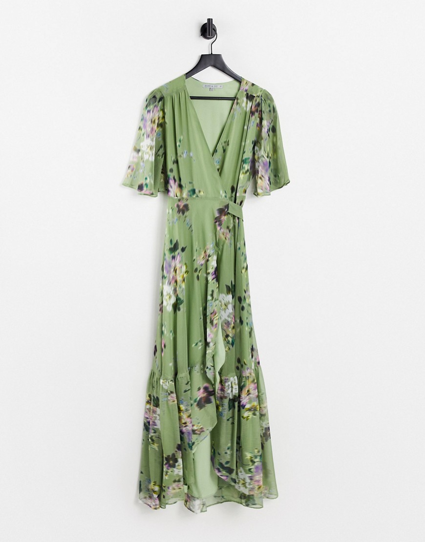 Hope & Ivy - Robe longue cache-cœur à manches évasées et imprimé floral - Vert