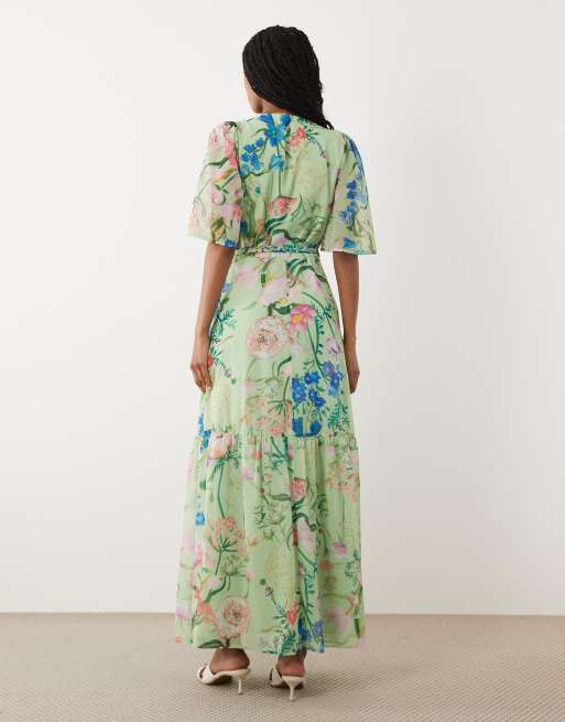 Hope & Ivy - Robe longue cache-cœur à manches évasées et imprimé floral - Vert, 3 de 4