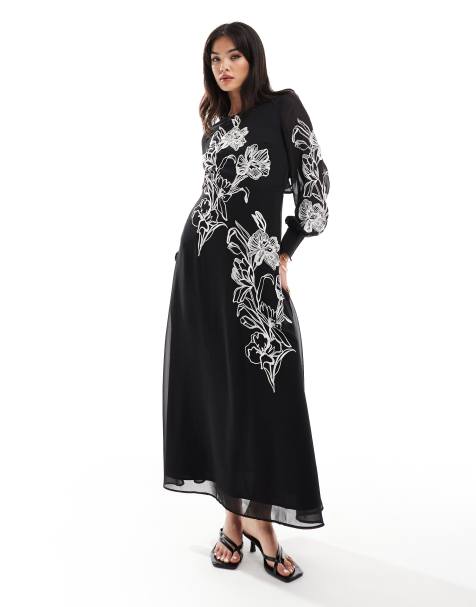 Hope & Ivy - Robe longue évasée à broderies de qualité supérieure - Noir et blanc - view 1
