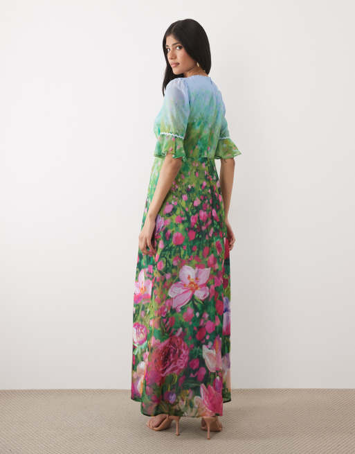 Hope & Ivy - Robe longue fendue devant à col en V et manches courtes avec volants - Vert fleuri, 4 de 4