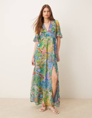 Robe longue fendue sur la cuisse avec manches à volants et découpe au dos - Bleu fleuri 34