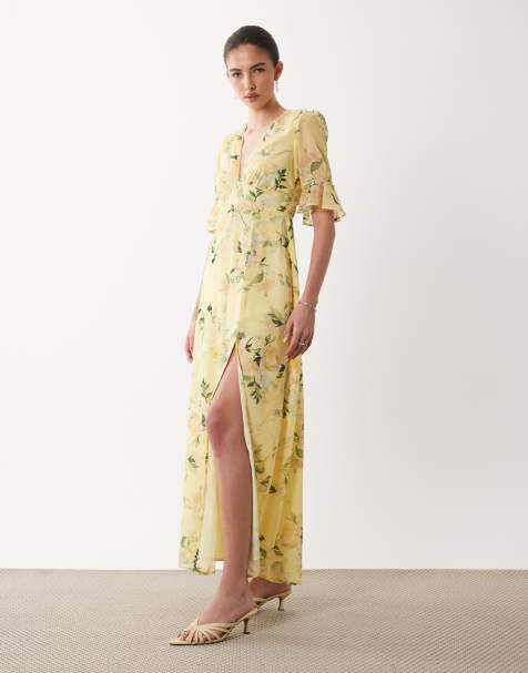 Hope & Ivy - Robe longue fendue sur la cuisse avec manches à volants et découpe au dos - Jaune fleuri - view 1