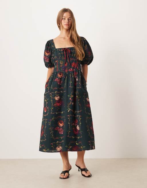 Hope & Ivy - Robe longueur mollet à fleurs avec manches bouffantes et détail corset - Vert, 2 de 4