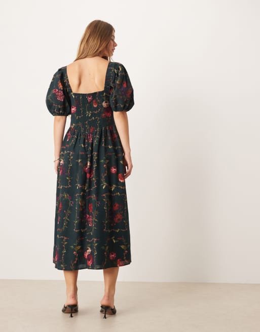 Hope & Ivy - Robe longueur mollet à fleurs avec manches bouffantes et détail corset - Vert, 3 de 4