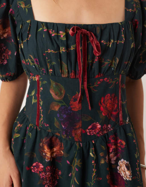 Hope & Ivy - Robe longueur mollet à fleurs avec manches bouffantes et détail corset - Vert, 4 de 4