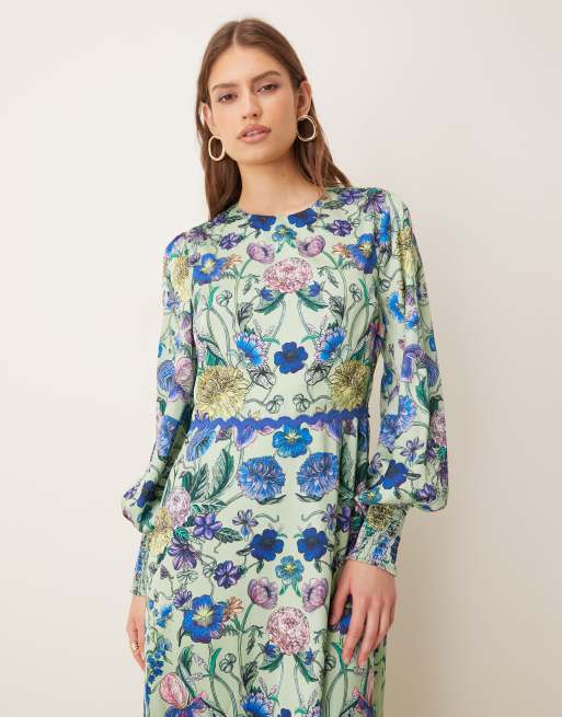 Hope & Ivy - Robe longueur mollet à manches longues ballon avec nœud dans le dos - Bleu fleuri effet miroir, 4 de 4