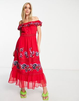 Hope & Ivy off shoulder embroidered midi dress in red - ASOS Price Checker