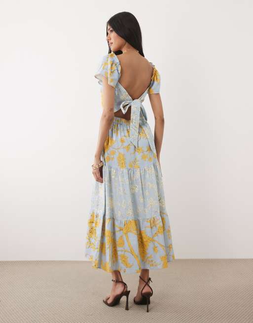 Hope & Ivy - Robe mi-longue à fleurs avec buste froncé et liens dans le dos - Bleu et jaune, 3 de 4