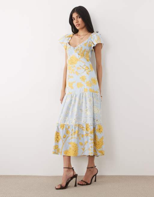 Hope & Ivy - Robe mi-longue à fleurs avec buste froncé et liens dans le dos - Bleu et jaune, 4 de 4