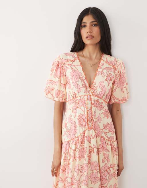 Hope & Ivy - Robe mi-longue à fleurs avec col V et manches bouffantes - Rose, 3 de 4