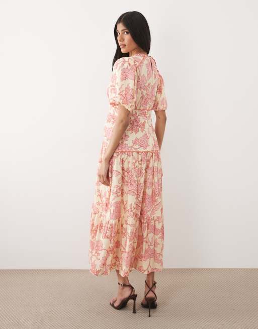 Hope & Ivy - Robe mi-longue à fleurs avec col V et manches bouffantes - Rose, 4 de 4