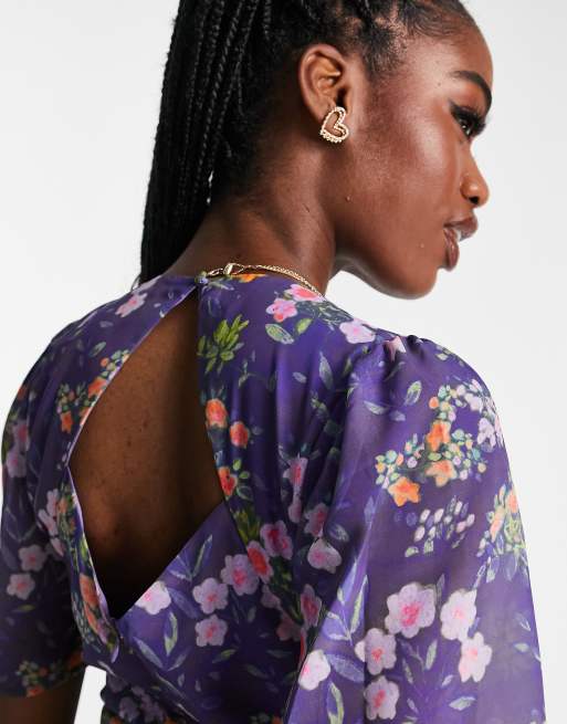 Hope & Ivy - Robe mi-longue à imprimé fleuri avec dos ouvert et ourlet plongeant - Bleu marine, 3 de 4