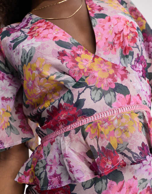 Hope & Ivy - Robe mi-longue à manches évasées et volants - Rose fleuri, 3 de 4