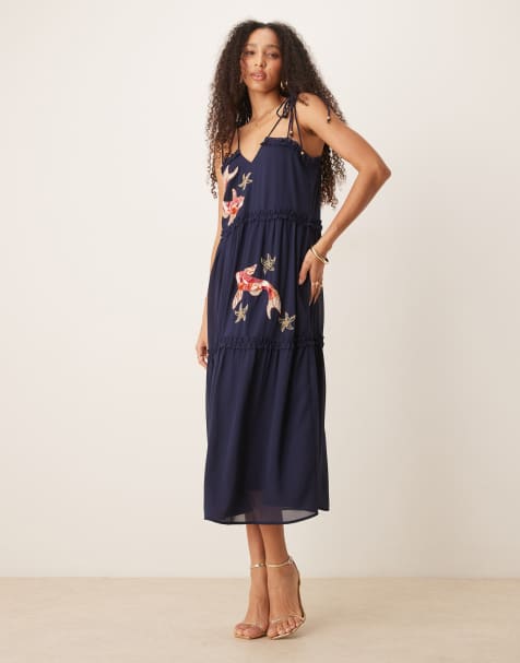 Hope & Ivy - Robe mi-longue à ornements carpe koï et bretelles nouées - Bleu marine - view 1
