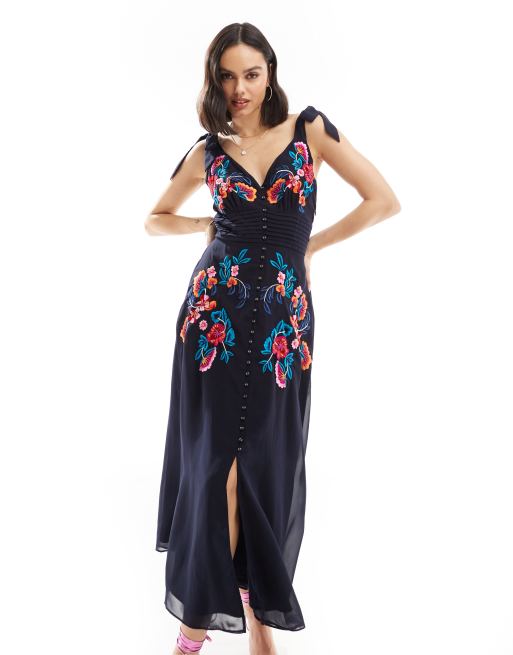 Hope & Ivy - Robe mi-longue avec broderies et liens aux épaules - Bleu marine, 3 de 4