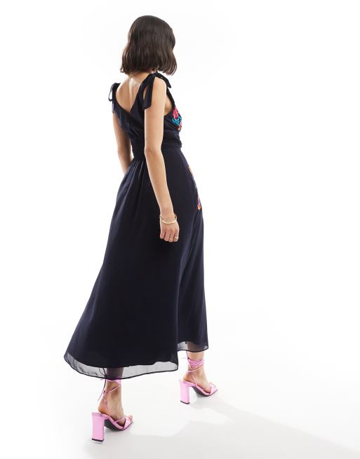 Hope & Ivy - Robe mi-longue avec broderies et liens aux épaules - Bleu marine, 4 de 4