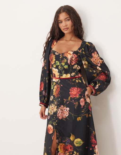 Hope & Ivy - Robe mi-longue boutonnée à dos ouvert - Sarcelle fleuri, 4 de 4