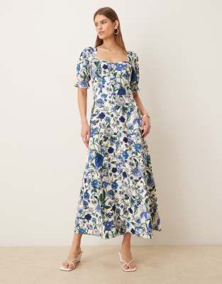 Robe mi-longue boutonnée fendue sur le devant - Bleu fleuri-Multicolore 34