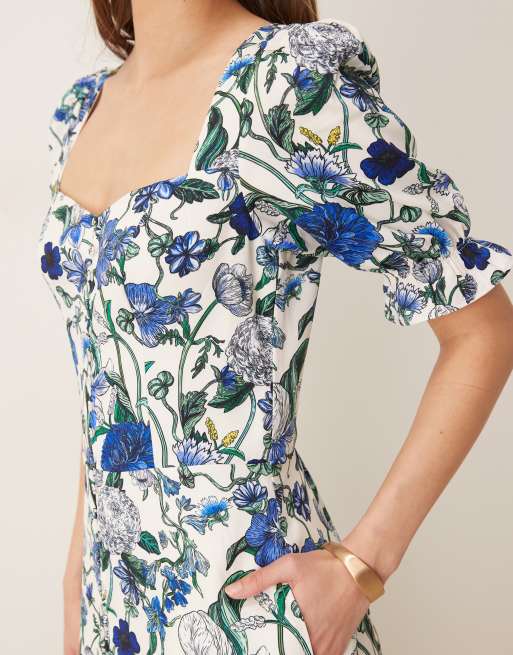 Hope & Ivy - Robe mi-longue boutonnée fendue sur le devant - Bleu fleuri, 2 de 4