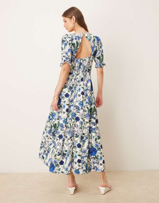 Hope & Ivy - Robe mi-longue boutonnée fendue sur le devant - Bleu fleuri, 3 de 4