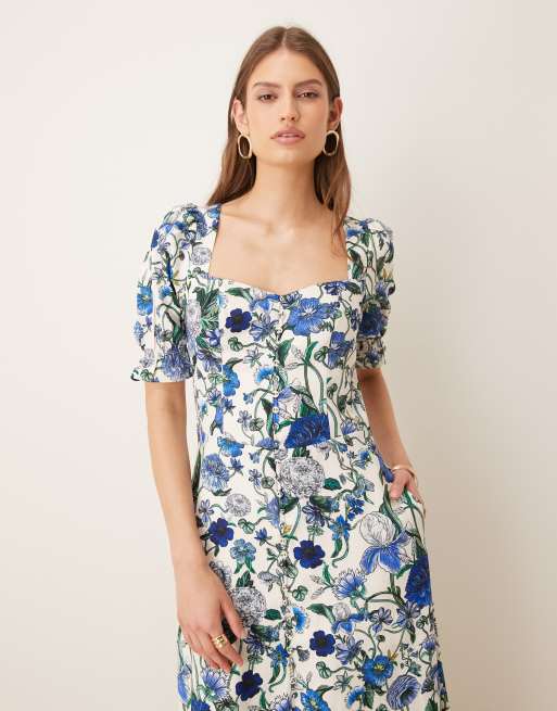 Hope & Ivy - Robe mi-longue boutonnée fendue sur le devant - Bleu fleuri, 4 de 4